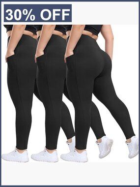 Plus Size High Waisted Leggings with Pockets 3 Pack Tummy Control Yoga Pants